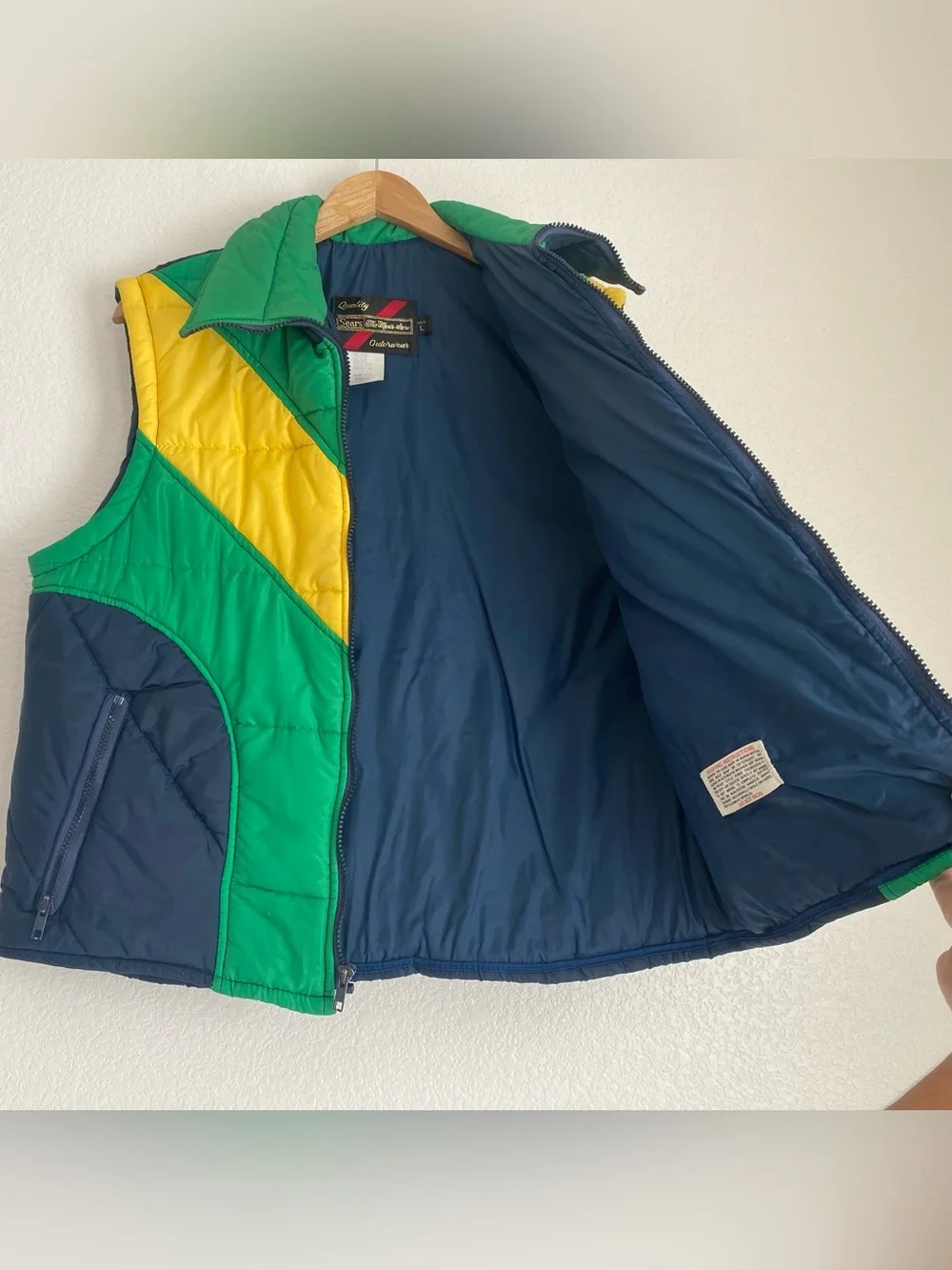 Vintage Sears Outerwear blue yellow navy colorblocking puffer vest, L